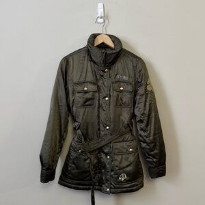 Dereon women’s Y2K Rare silky Green rhinestoned belted jacket